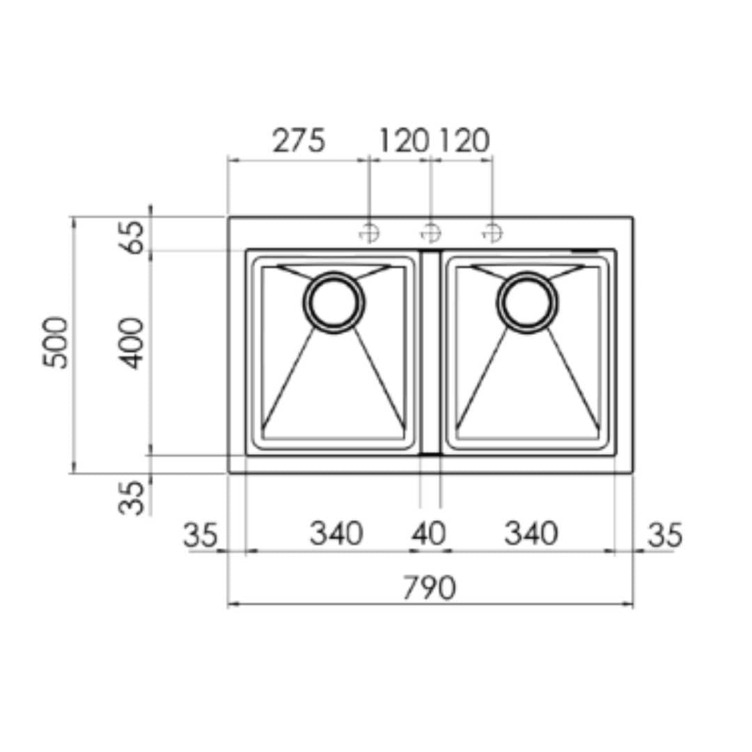 Tarja doble empotrable para mueble de 80cm 79cm 31.10" TECNOLAM Tarja empotrable para mueble de 80cm 79cm 31.10" TECNOLAM NEVADAMIX79X501V01