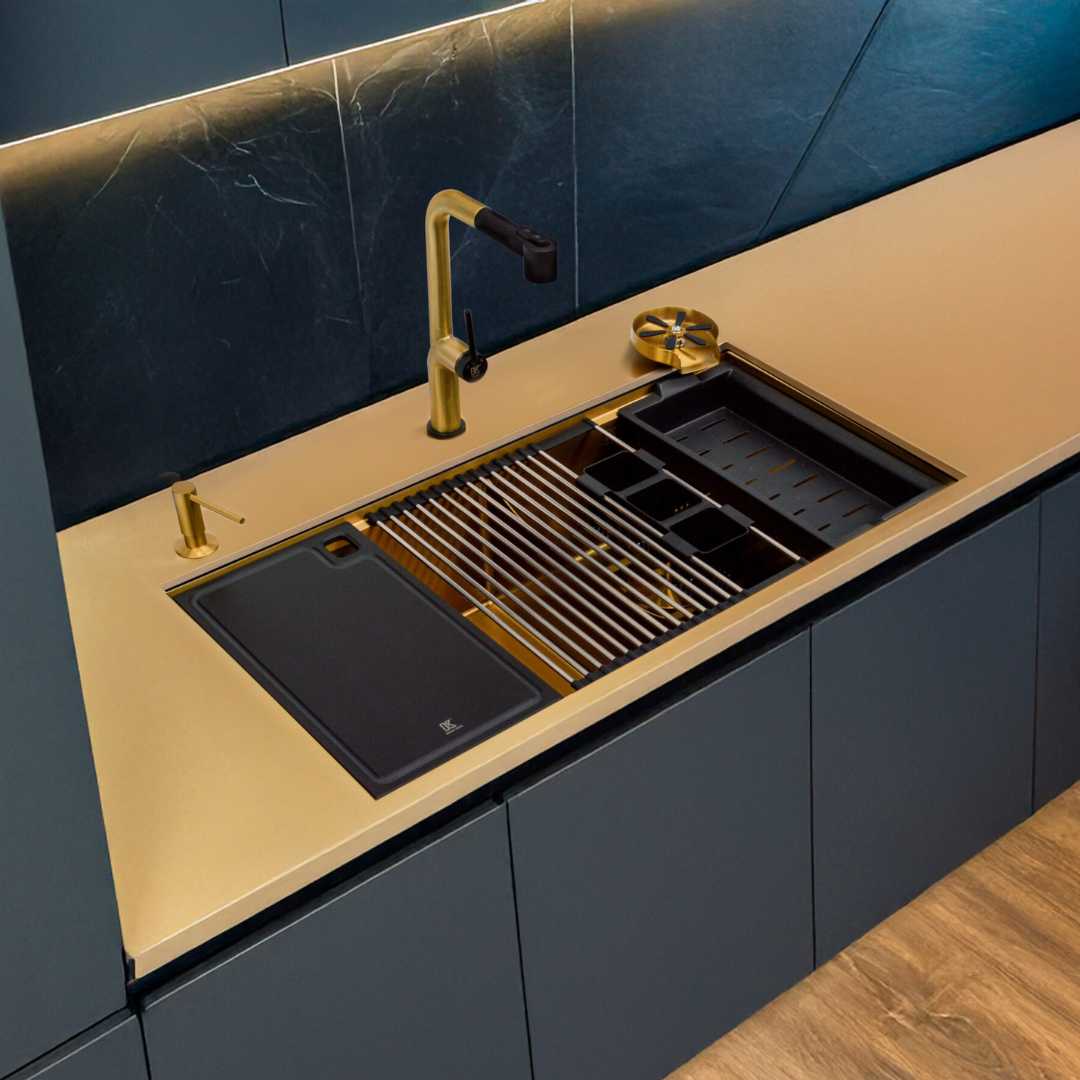 Wrokstation Paquete Tarja doble + Grifo Monomando Dorado 94cm 37.1" KELE KWS0210A-GD