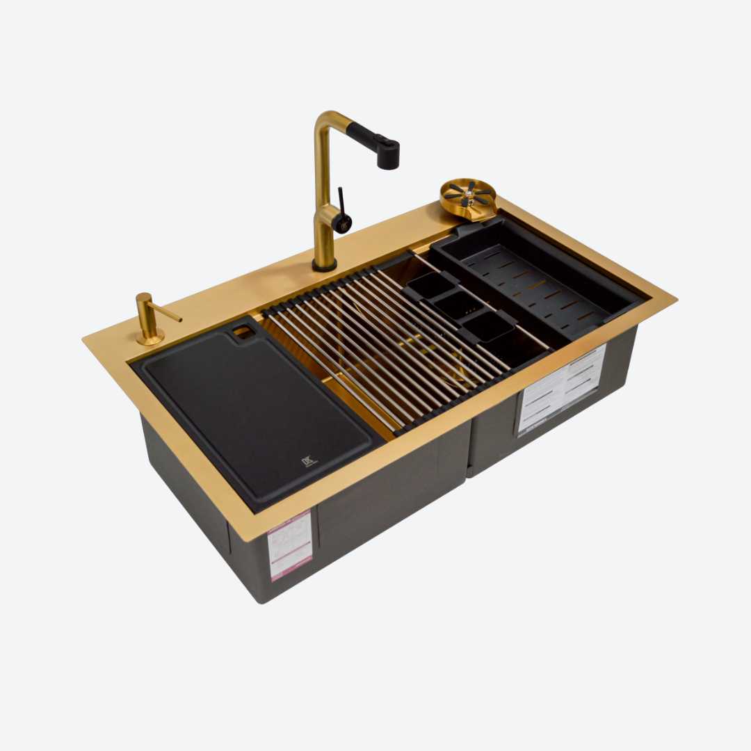 Wrokstation Paquete Tarja doble + Grifo Monomando Dorado 94cm 37.1" KELE KWS0210A-GD