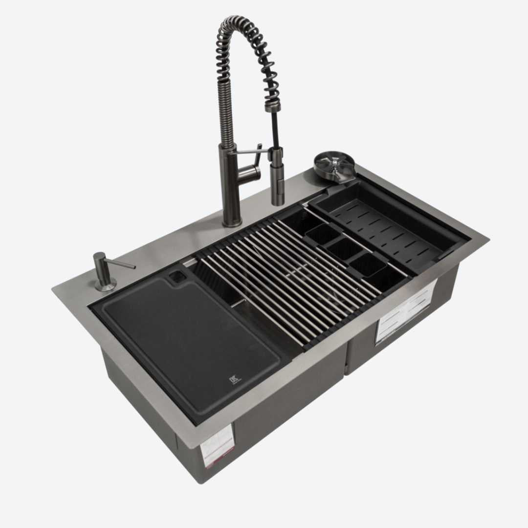 Wrokstation Paquete Tarja doble + Grifo Monomando Negro 94cm 37.1" KELE KWS0210A-BG