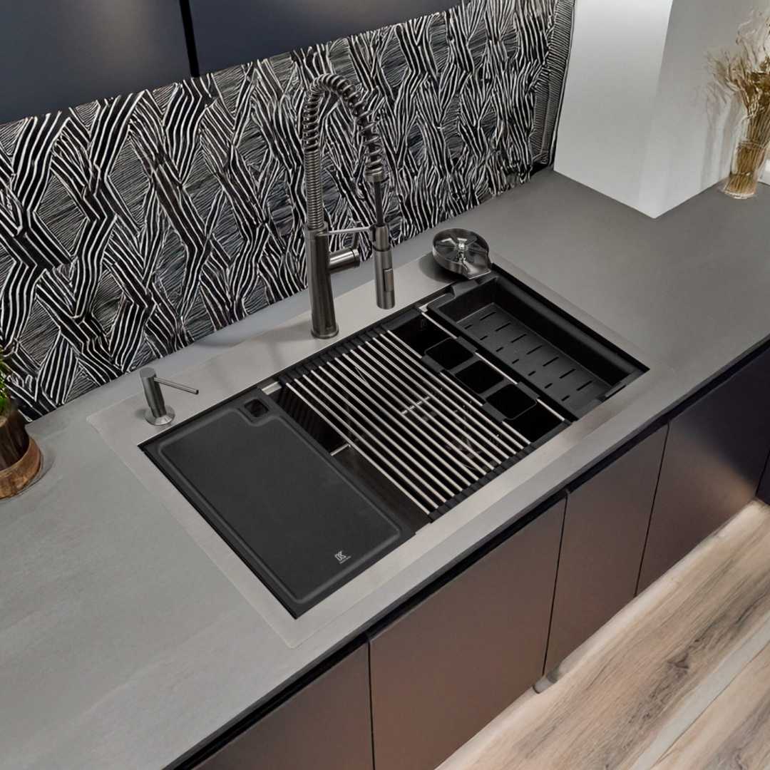 Wrokstation Paquete Tarja doble + Grifo Monomando Negro 94cm 37.1" KELE KWS0210A-BG