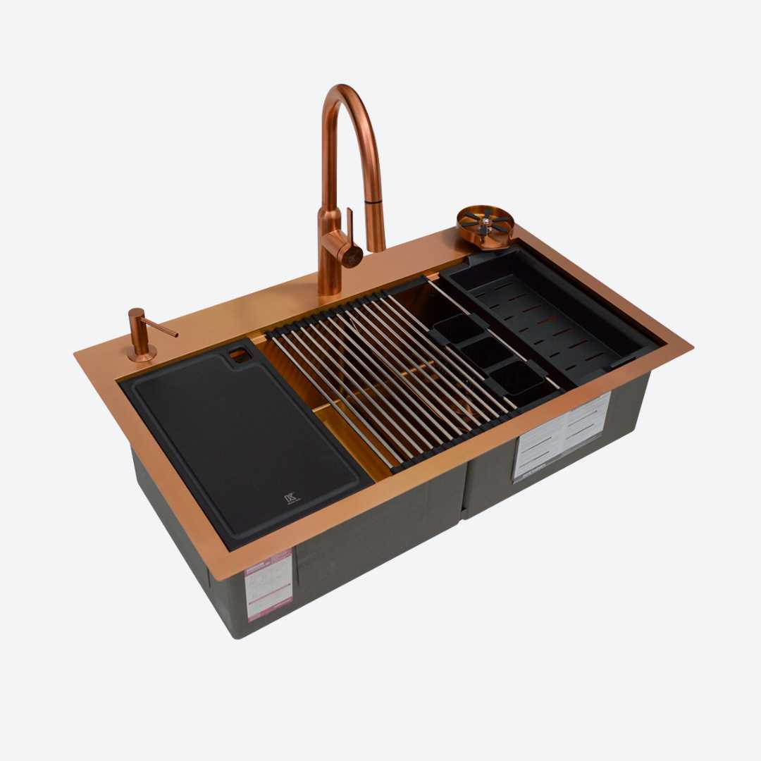 Wrokstation Paquete Tarja doble + Grifo Monomando Rose Gold 94cm 37.1" KELE KWS0210A-RG