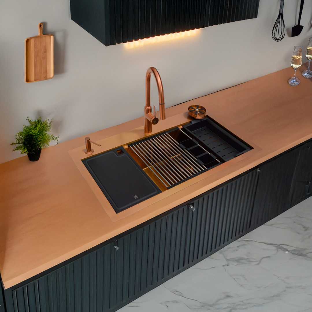 Wrokstation Paquete Tarja doble + Grifo Monomando Rose Gold 94cm 37.1" KELE KWS0210A-RG