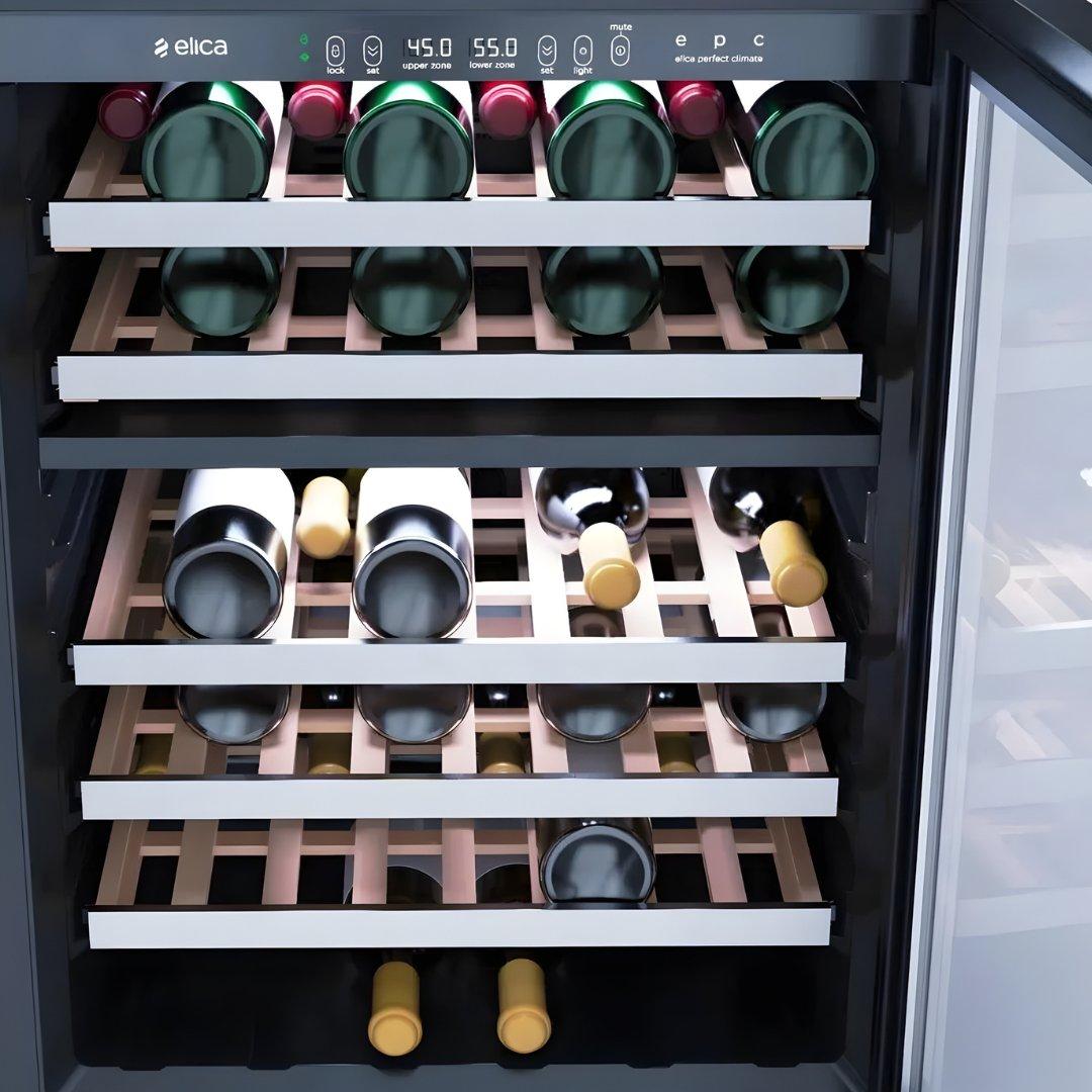 Cava de vinos Elica de 24 pulgadas dual zone con puerta de vidrio UV y repisas de madera