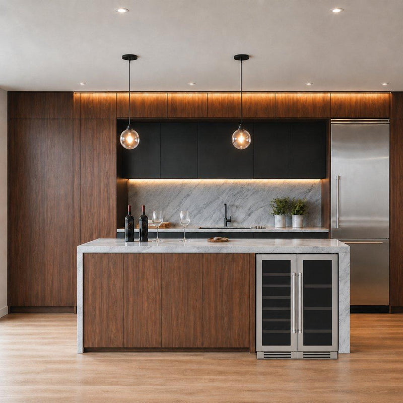 Cava de vinos y centro de bebidas Thor Kitchen de 24 pulgadas con puertas francesas y doble zona