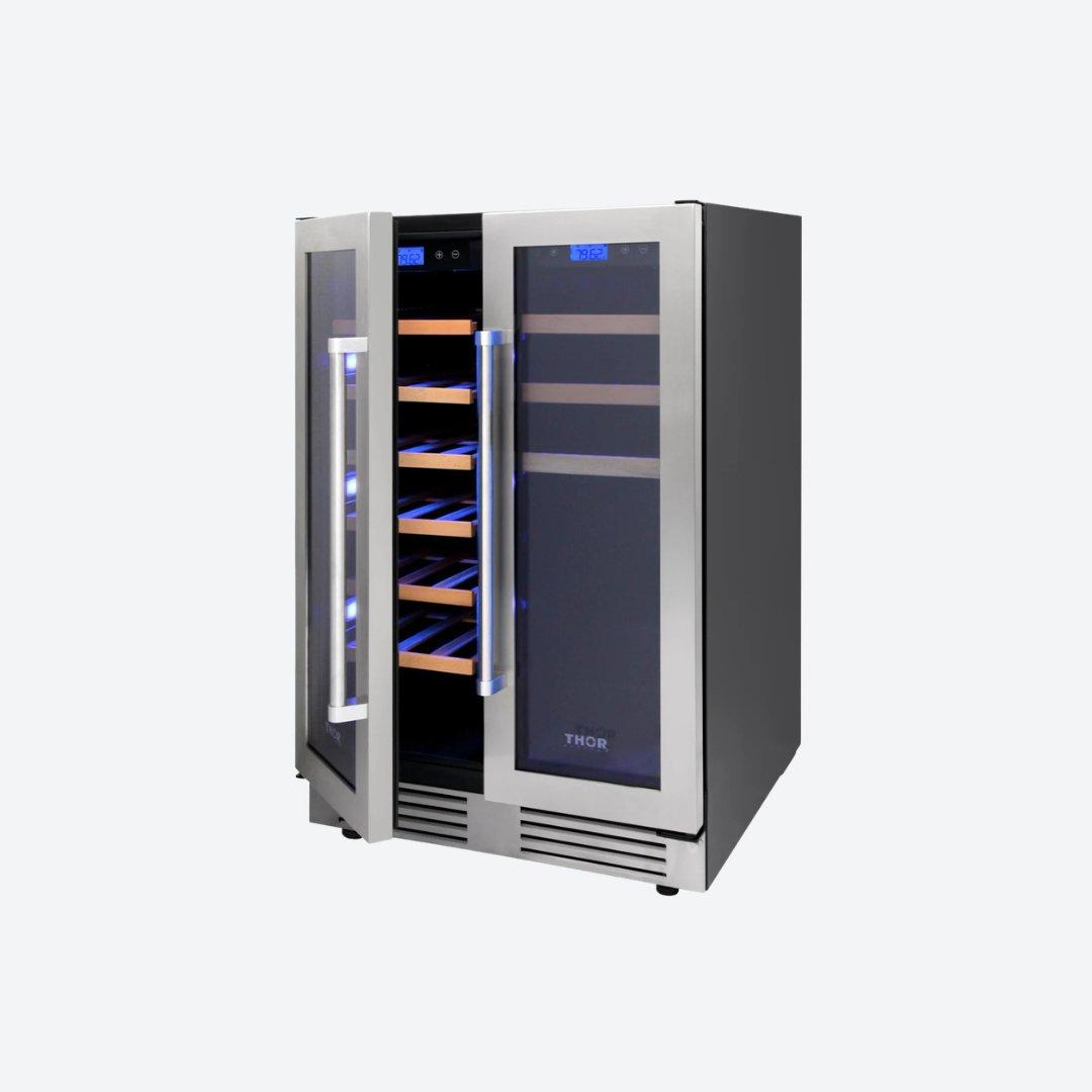 Cava de vinos y centro de bebidas Thor Kitchen de 24 pulgadas con puertas francesas y doble zona