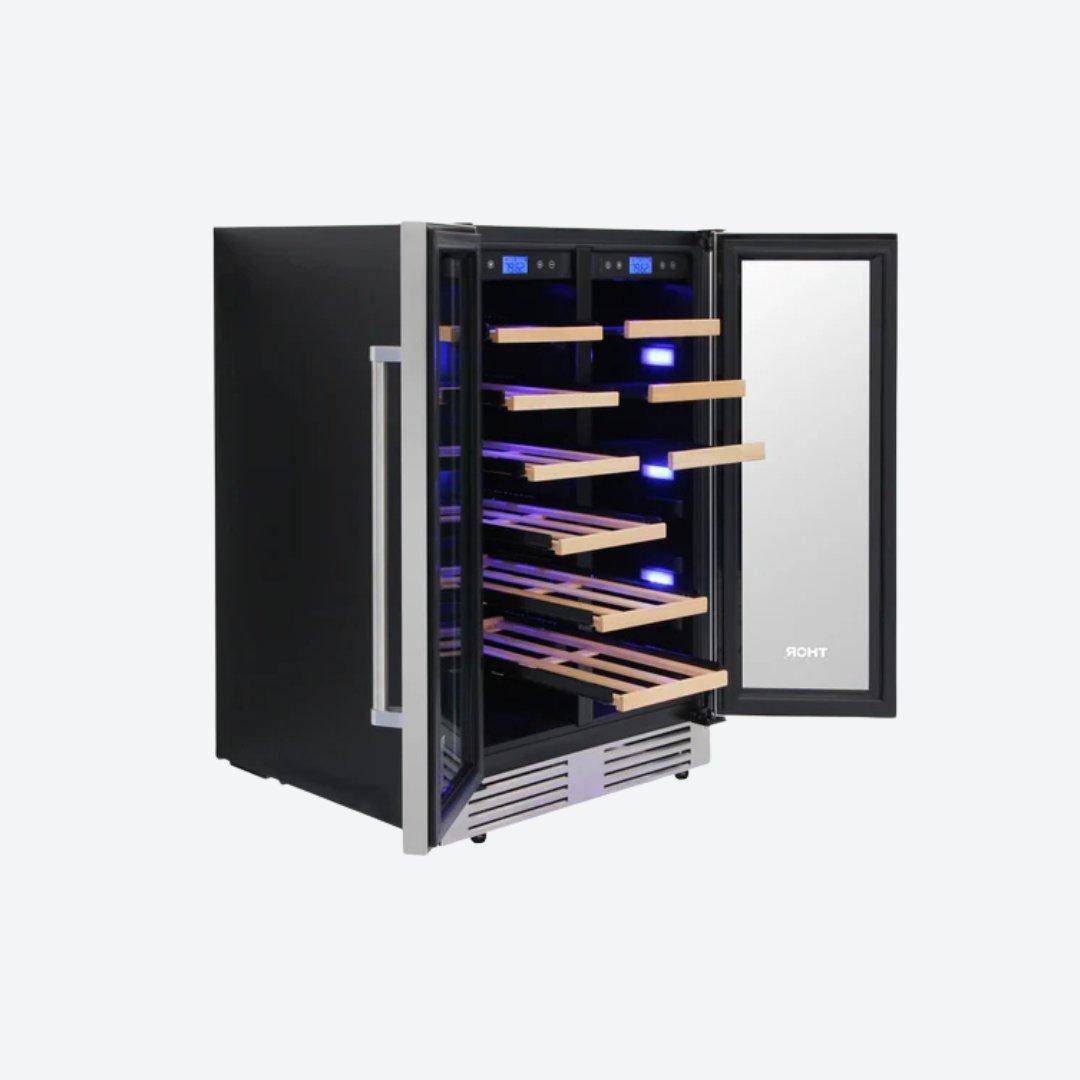 Cava de vinos y centro de bebidas Thor Kitchen de 24 pulgadas con puertas francesas y doble zona