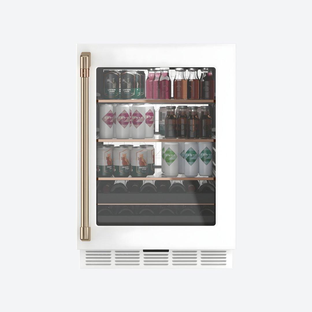 Centro de bebidas Café Appliances de 24 pulgadas en acabado Matte White con puerta de cristal y LED light wall