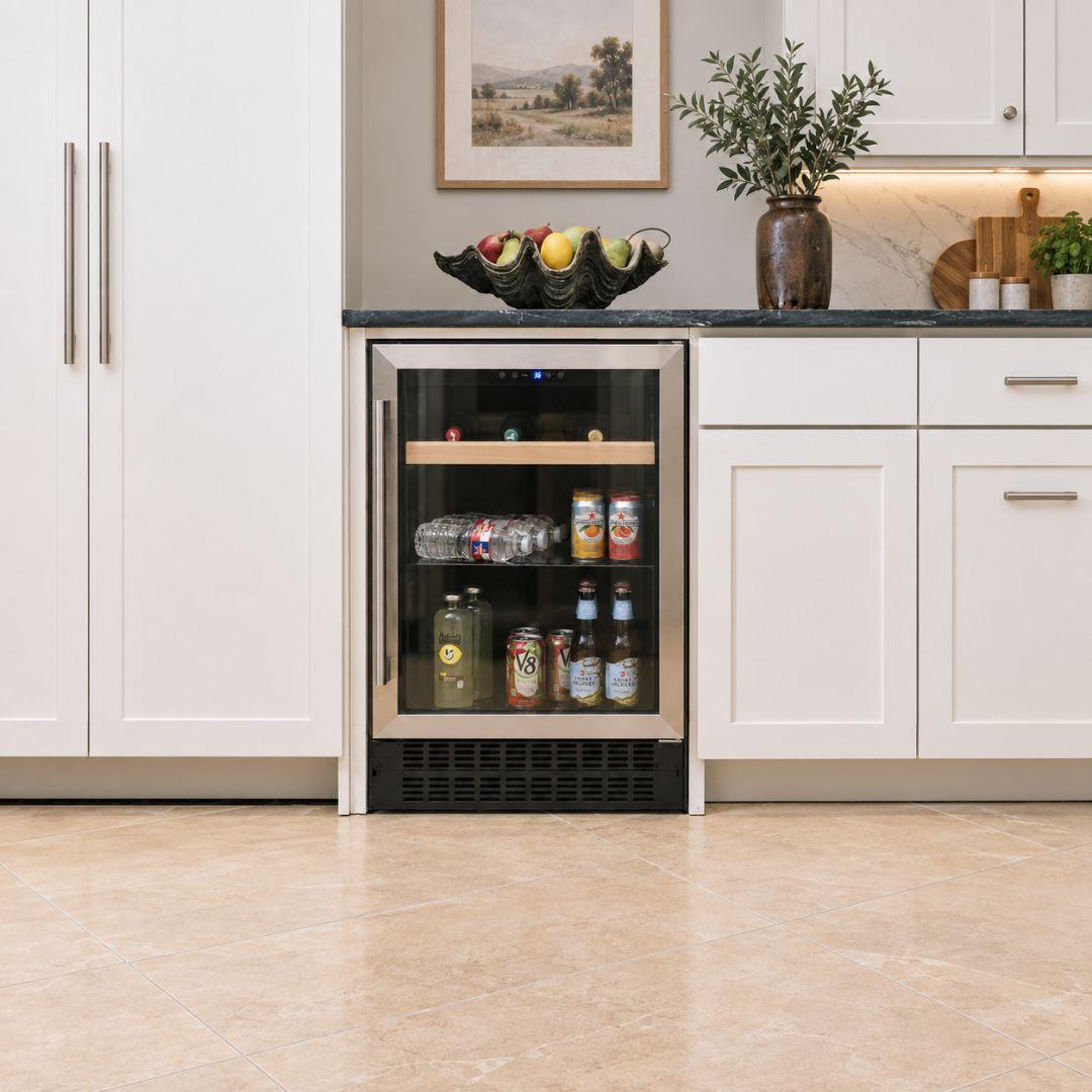 Centro de bebidas Kalt de 24 pulgadas con puerta de cristal, acero inoxidable y luz LED azul