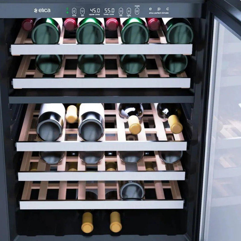 Centro de bebidas y vinos Elica de 24 pulgadas en acero inoxidable con zona dual y puerta de vidrio UV