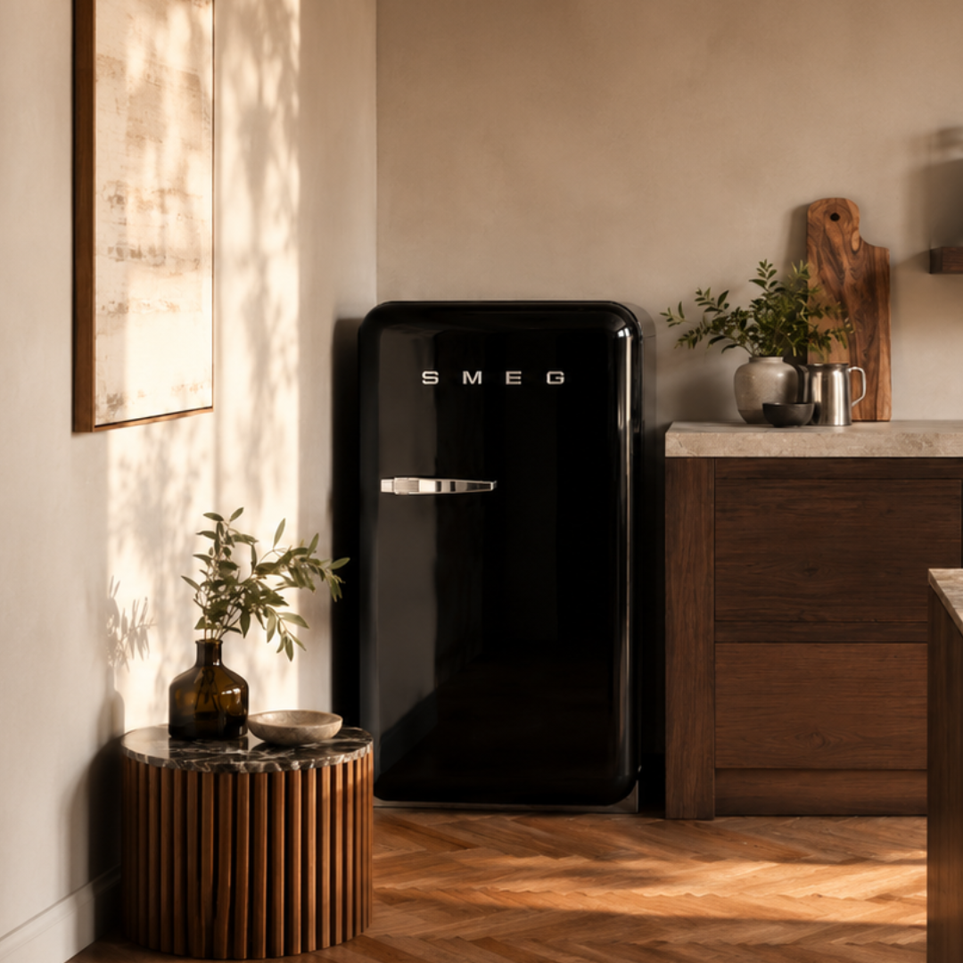 Frigobar retro Smeg de 21 pulgadas en color negro con congelador interno