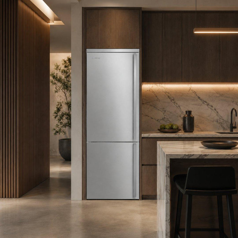 Refrigerador bottom mount Smeg Portofino de 28 pulgadas en acero inoxidable con opción de bisagra derecha o izquierda
