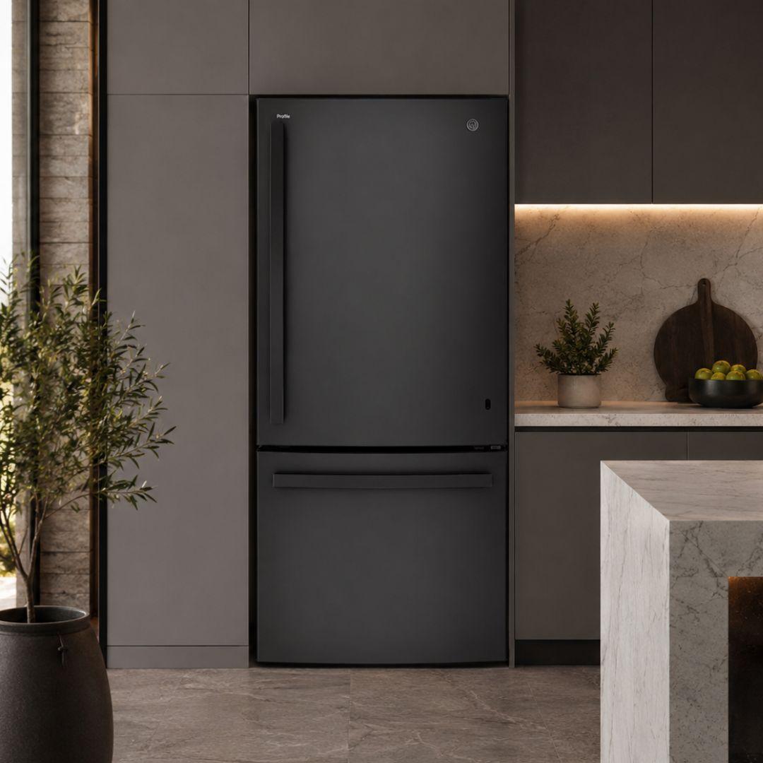 Refrigerador GE Profile bottom mount de 510 litros en acabado Dark Slate con congelador inferior