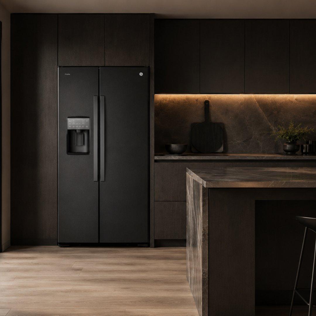 Refrigerador side by side GE Profile de 22 pies cúbicos en acabado Dark Slate con despachador en puerta